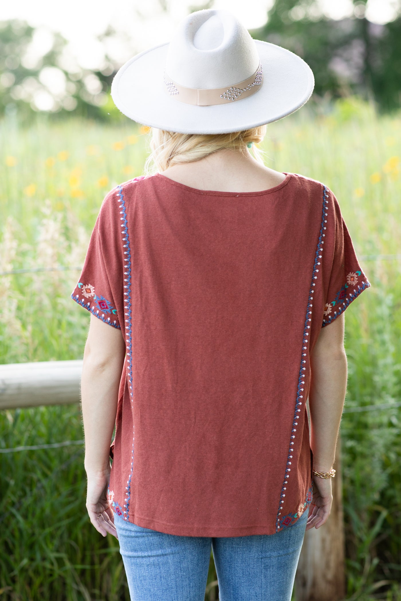 Rust Aztec Embroidery Detail Knit Top