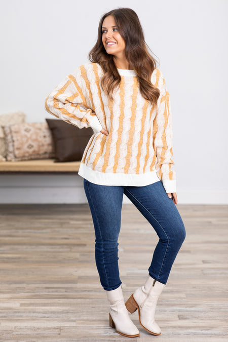 Mustard and Ivory Cable Knit Sweater