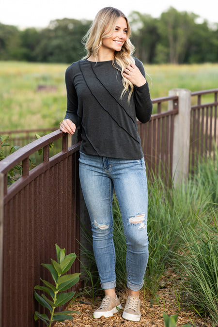 Charcoal Reverse Seam Long Sleeve Knit Top