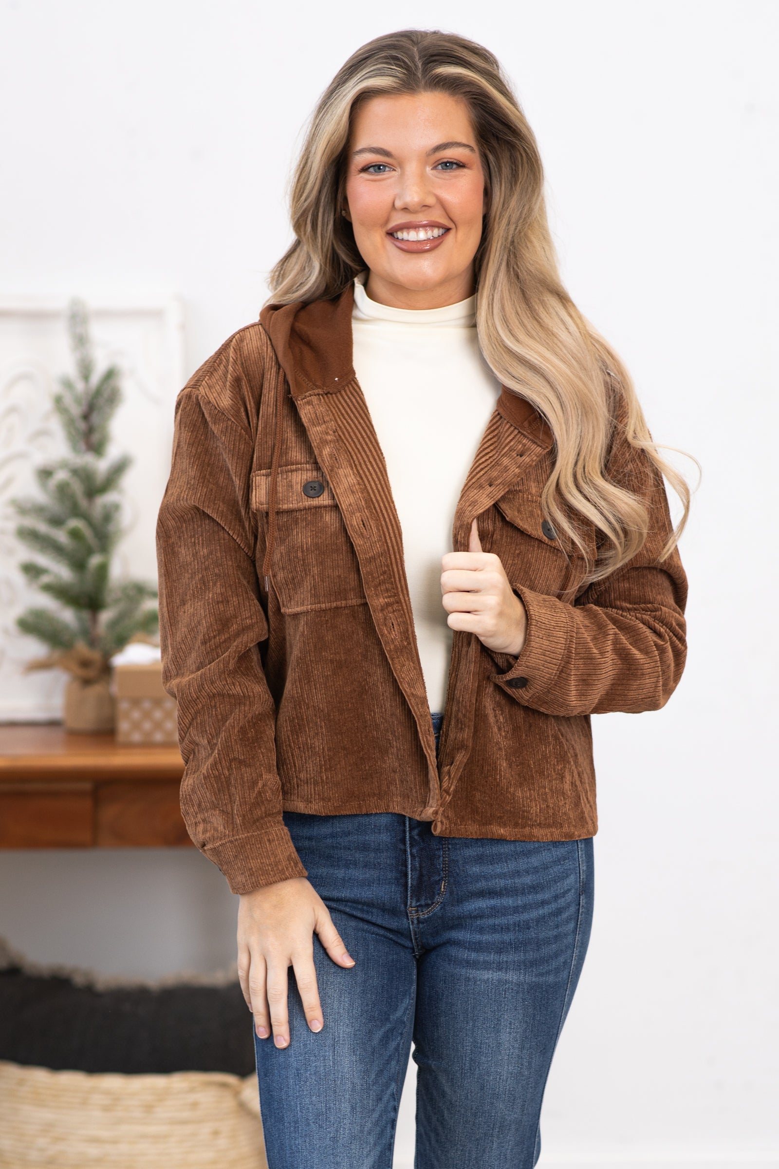 Women's Faux Fur Lined Corduroy Jacket | Camel - Golden Gait Mercantile