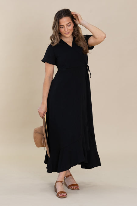 Solid Surplice Maxi Dresses With Short Sleeves