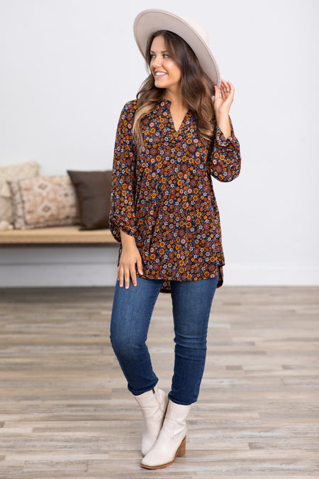 Orange Ditsy Floral Wrinkle Free Lizzy Top