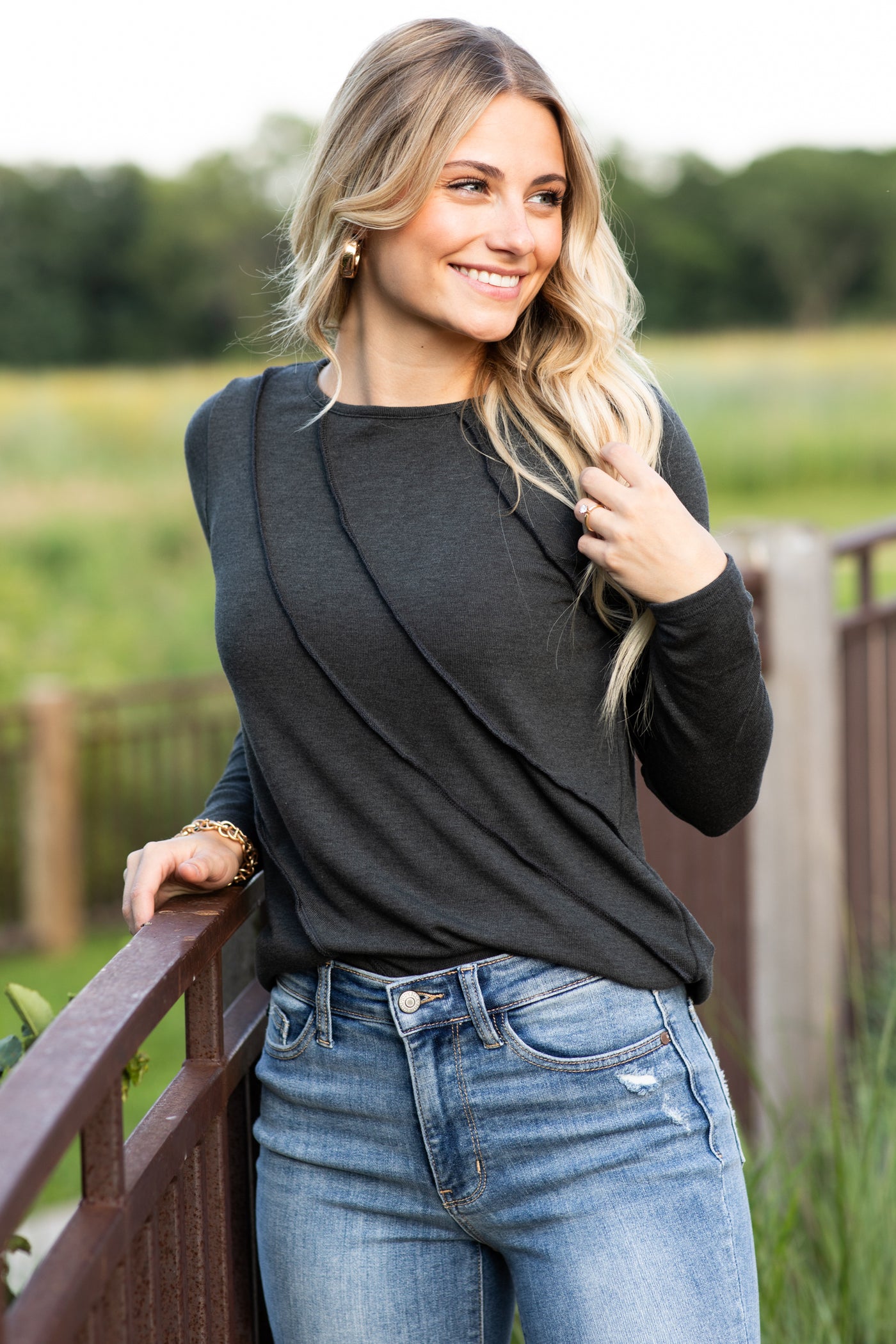 Charcoal Reverse Seam Long Sleeve Knit Top