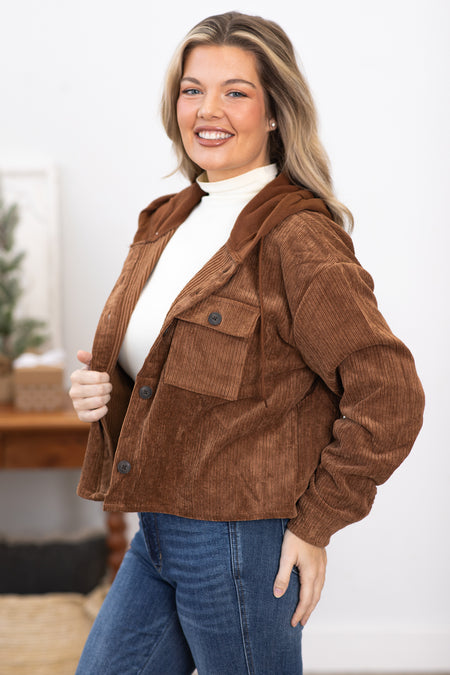 Brown Corduroy Jacket With Knit Hood