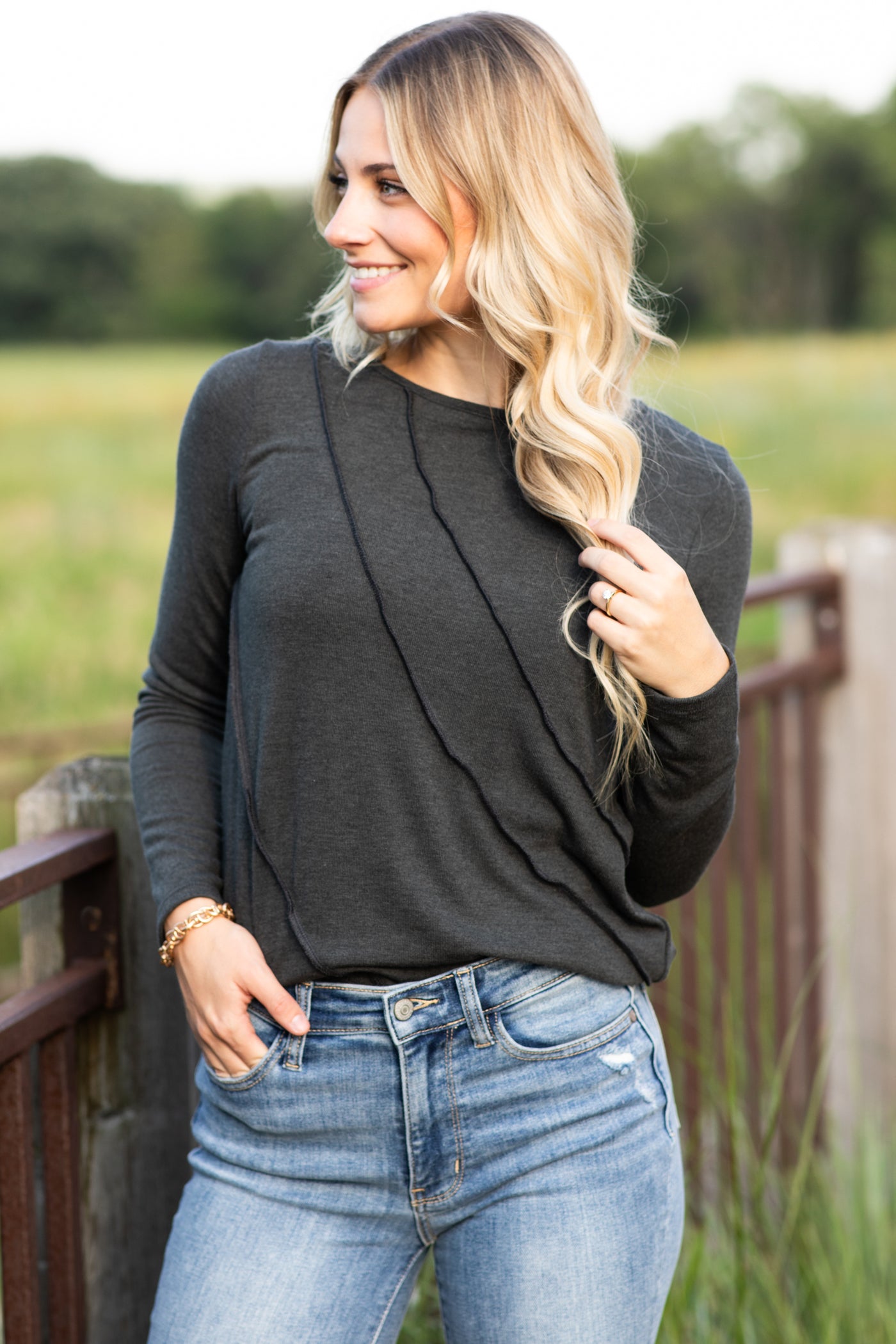 Charcoal Reverse Seam Long Sleeve Knit Top