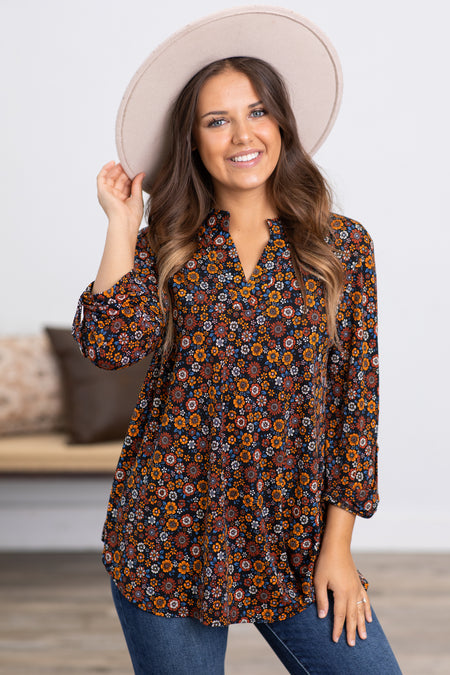 Orange Ditsy Floral Wrinkle Free Lizzy Top