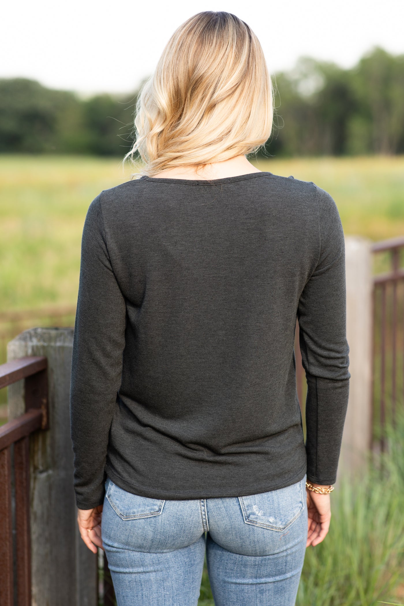 Charcoal Reverse Seam Long Sleeve Knit Top