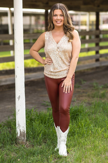 Tan Sequin Tank With Button Detail - Filly Flair