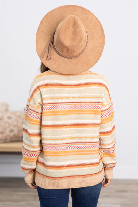 Tan Multicolor Stripe Drop Shoulder Sweater