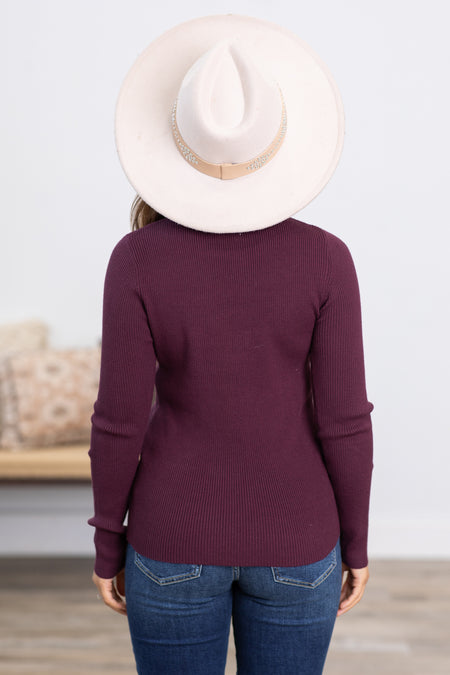 Dark Mauve Mock Neck Lightweight Sweater