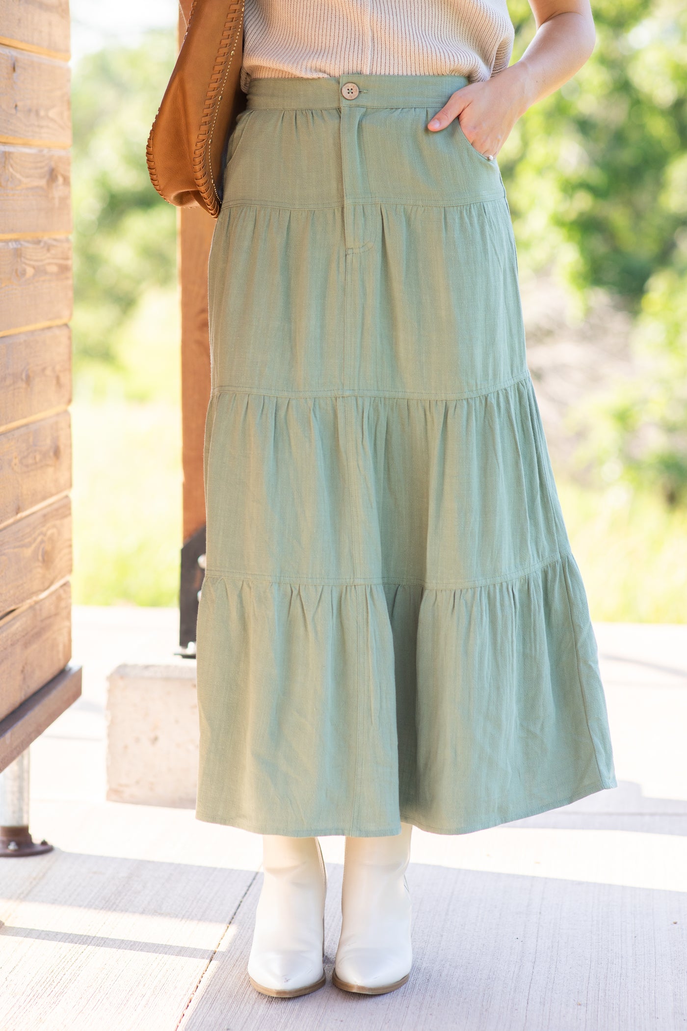 Sage Soft Linen Tiered Midi Skirt