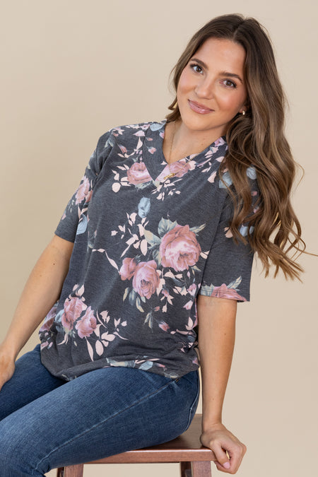 Charcoal Simple Floral Print V-Neck Knit Top