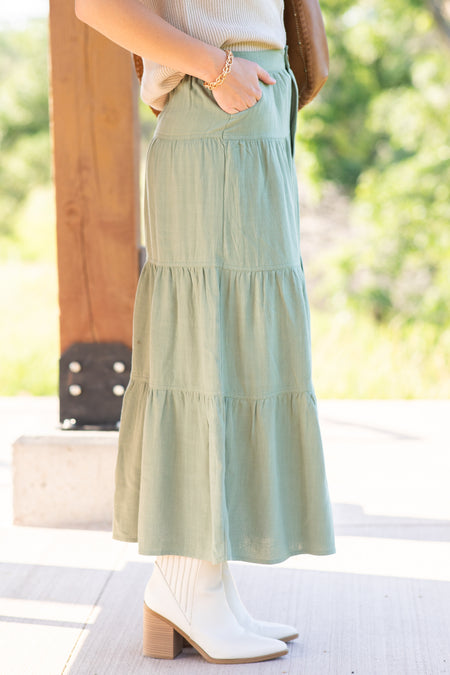 Sage Soft Linen Tiered Midi Skirt