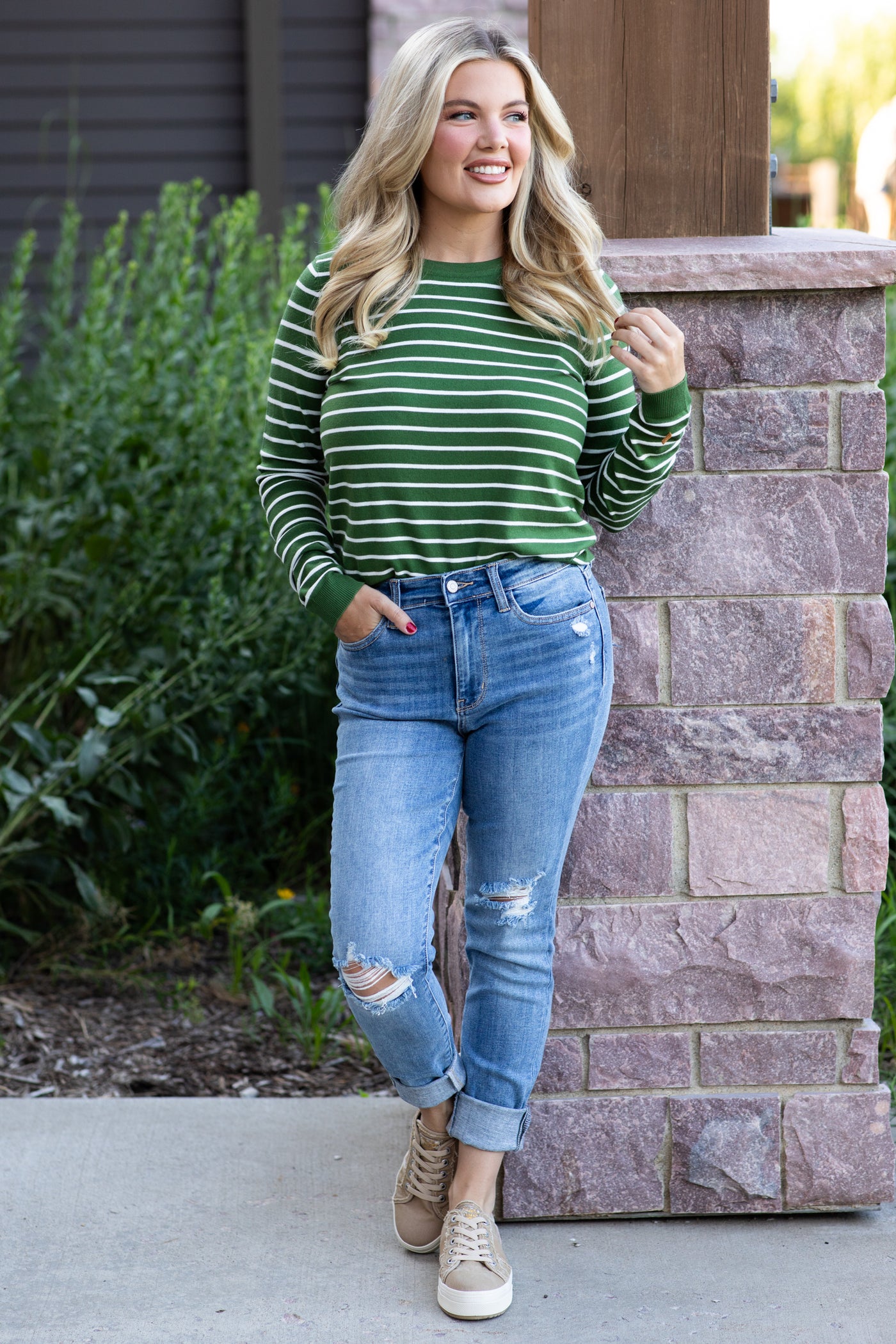 Green Striped Long Sleeve Sweater