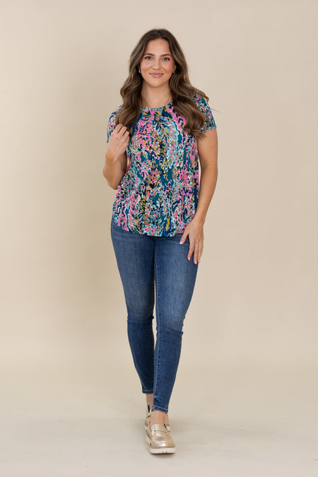 Teal Printed Short Sleeve Flowy Knit Top