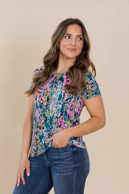 Teal Printed Short Sleeve Flowy Knit Top