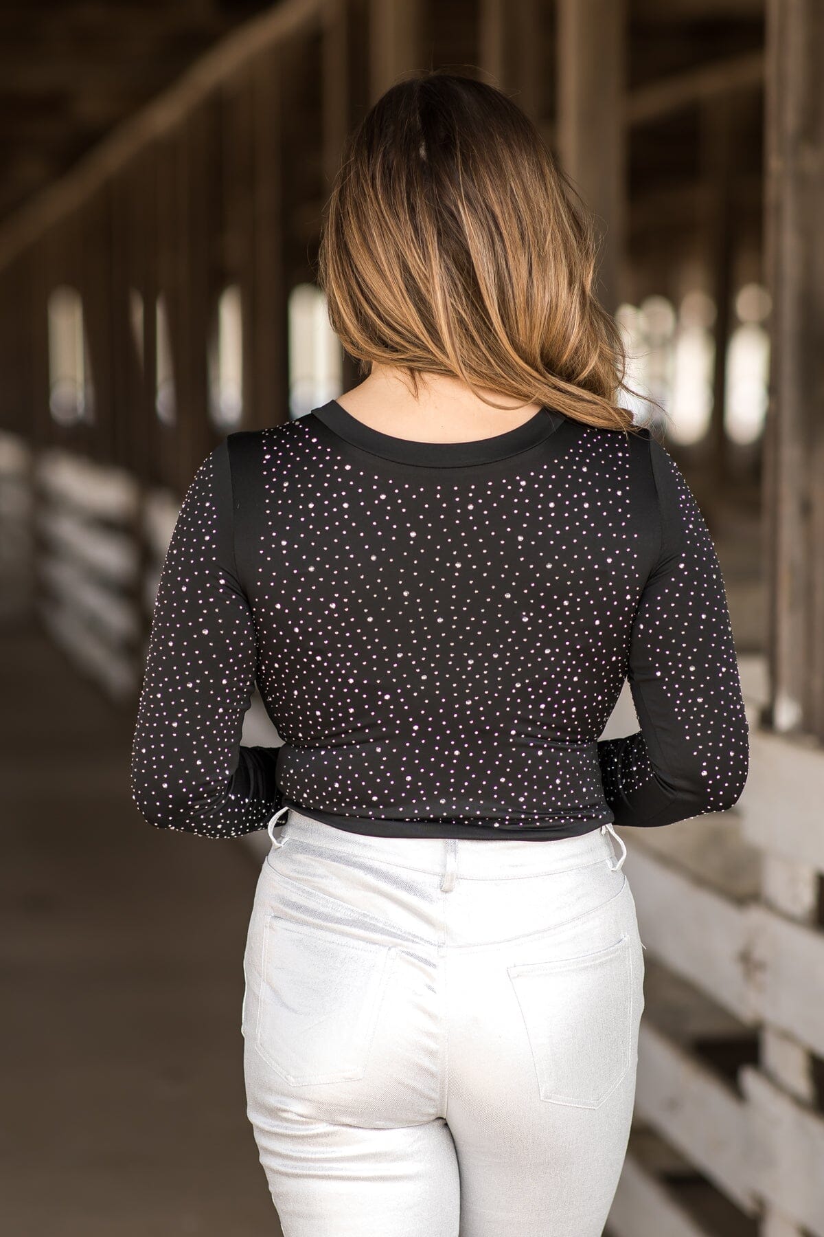 Black Long Sleeve Bodysuit With Rhinestones - Filly Flair