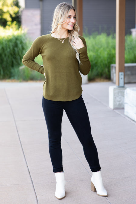 Moss Raglan Sleeve Waffle Knit Top