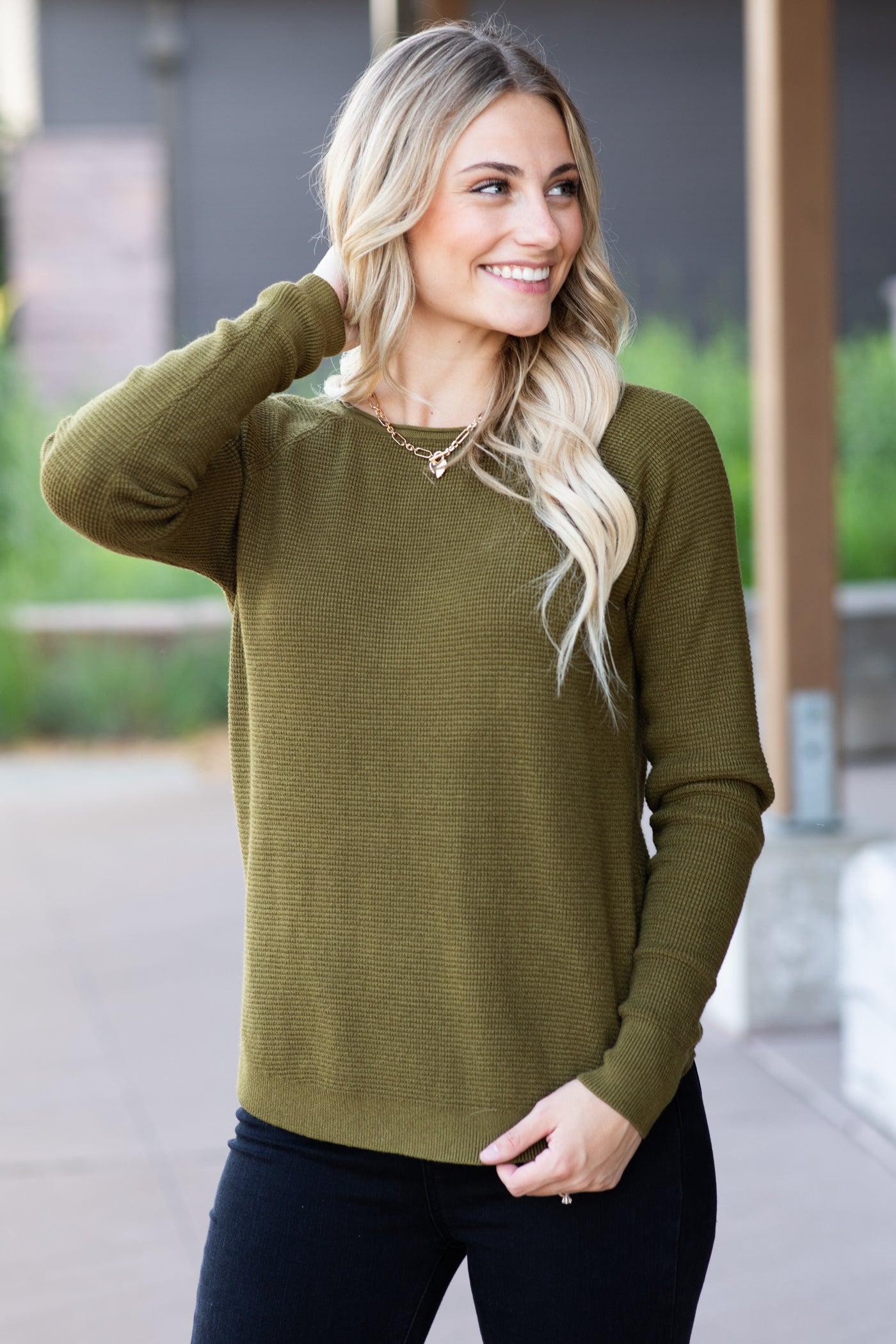 Moss Raglan Sleeve Waffle Knit Top