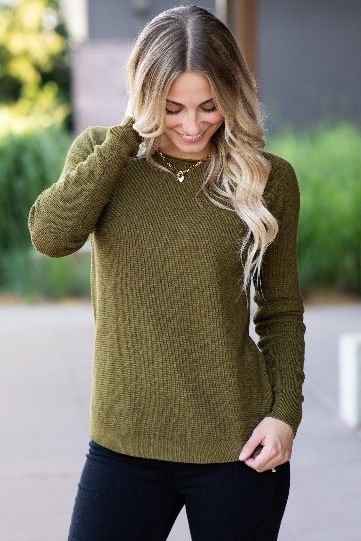 Moss Raglan Sleeve Waffle Knit Top