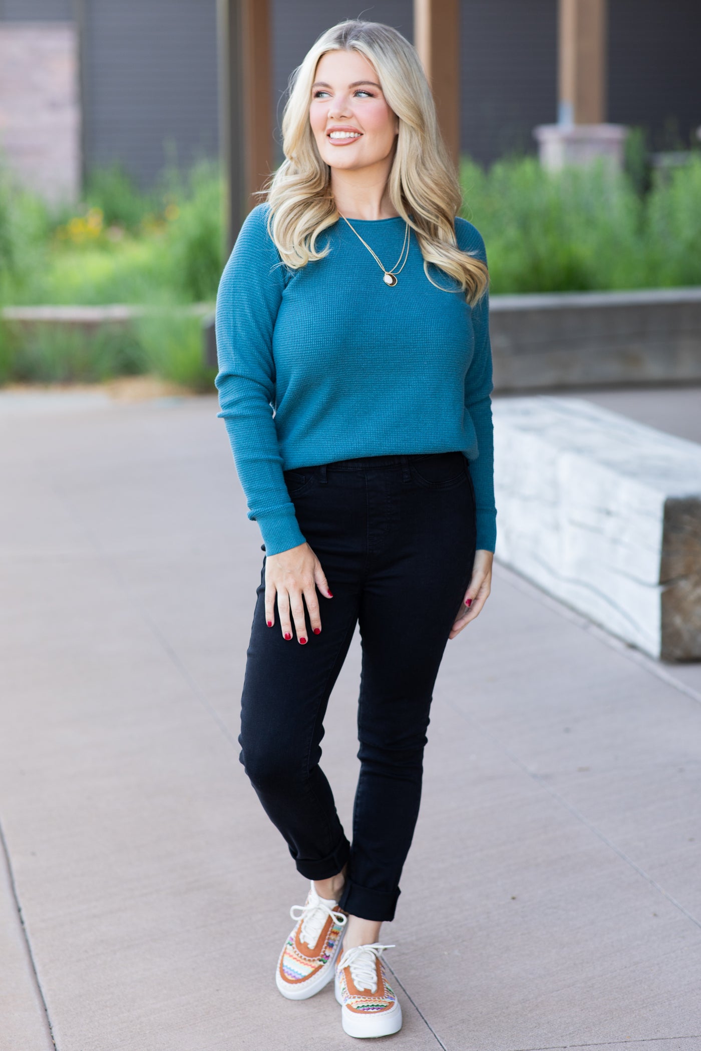 Teal Raglan Sleeve Waffle Knit Top