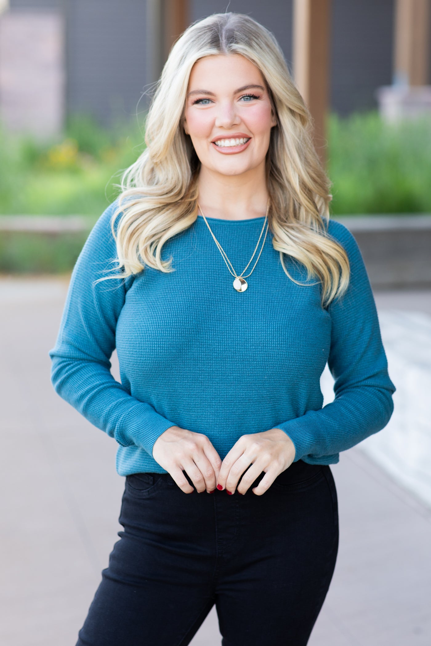 Teal Raglan Sleeve Waffle Knit Top