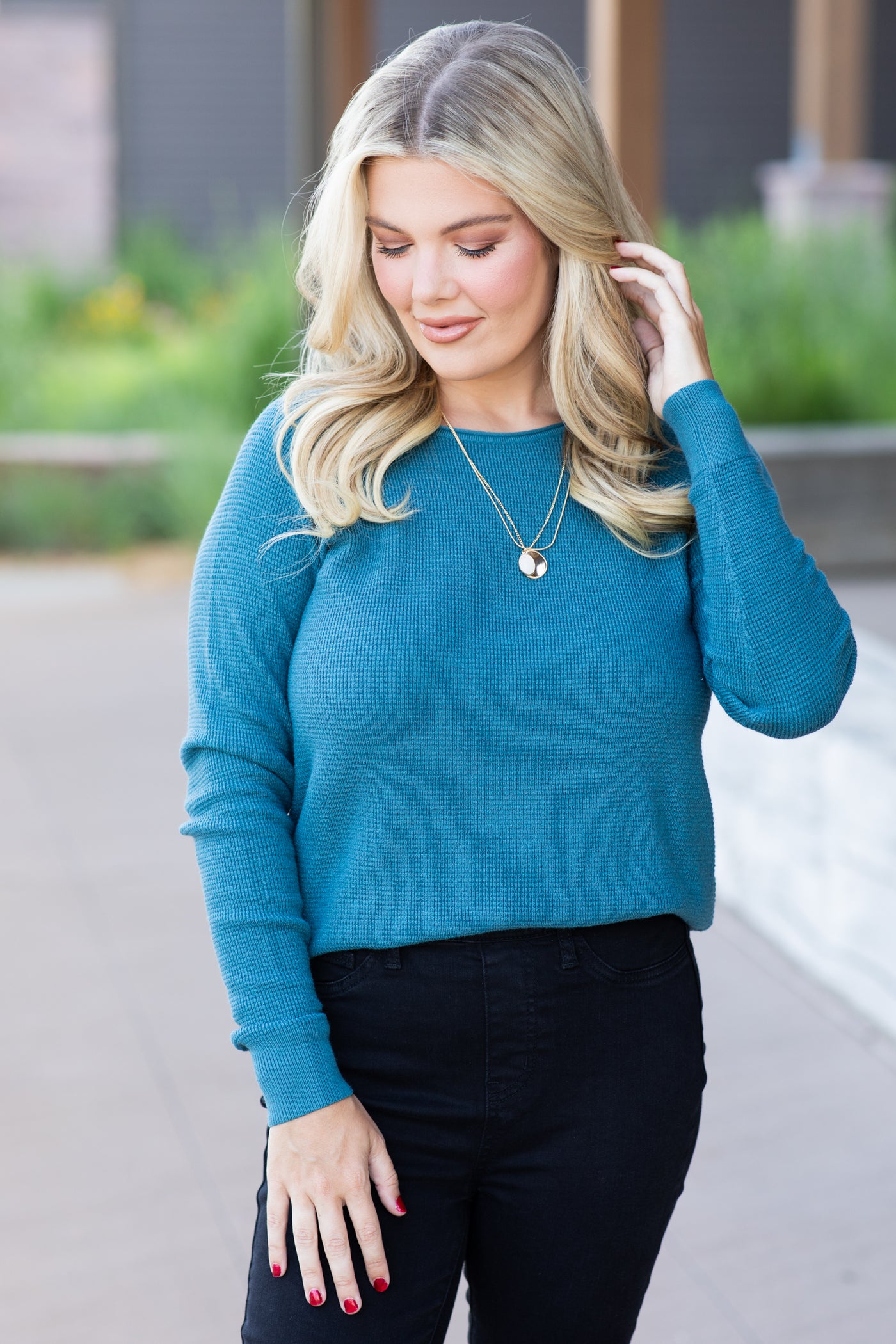 Teal Raglan Sleeve Waffle Knit Top