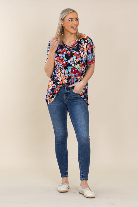 Black Casual Floral Print Knit Top