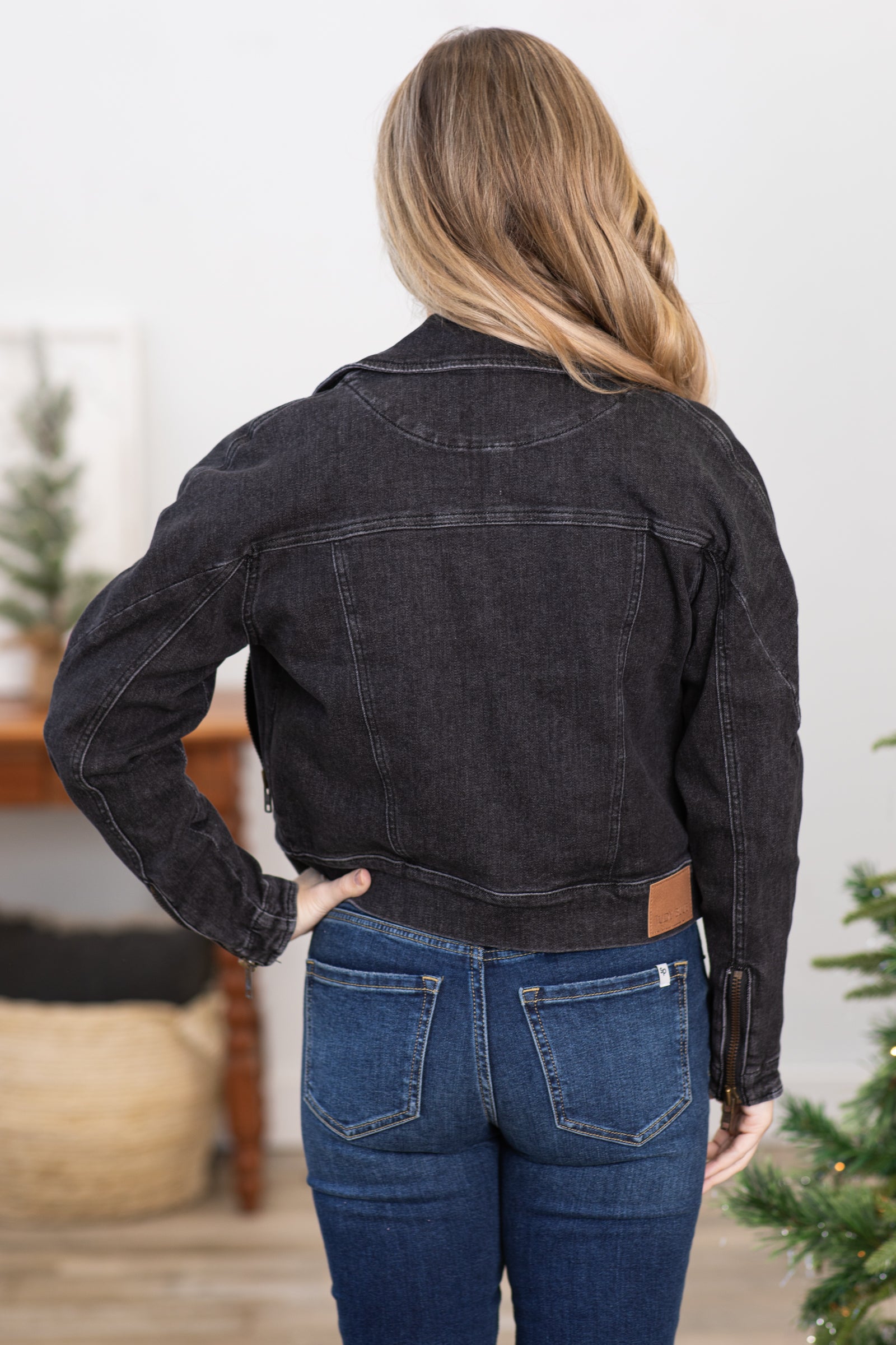 Black denim moto jacket sale