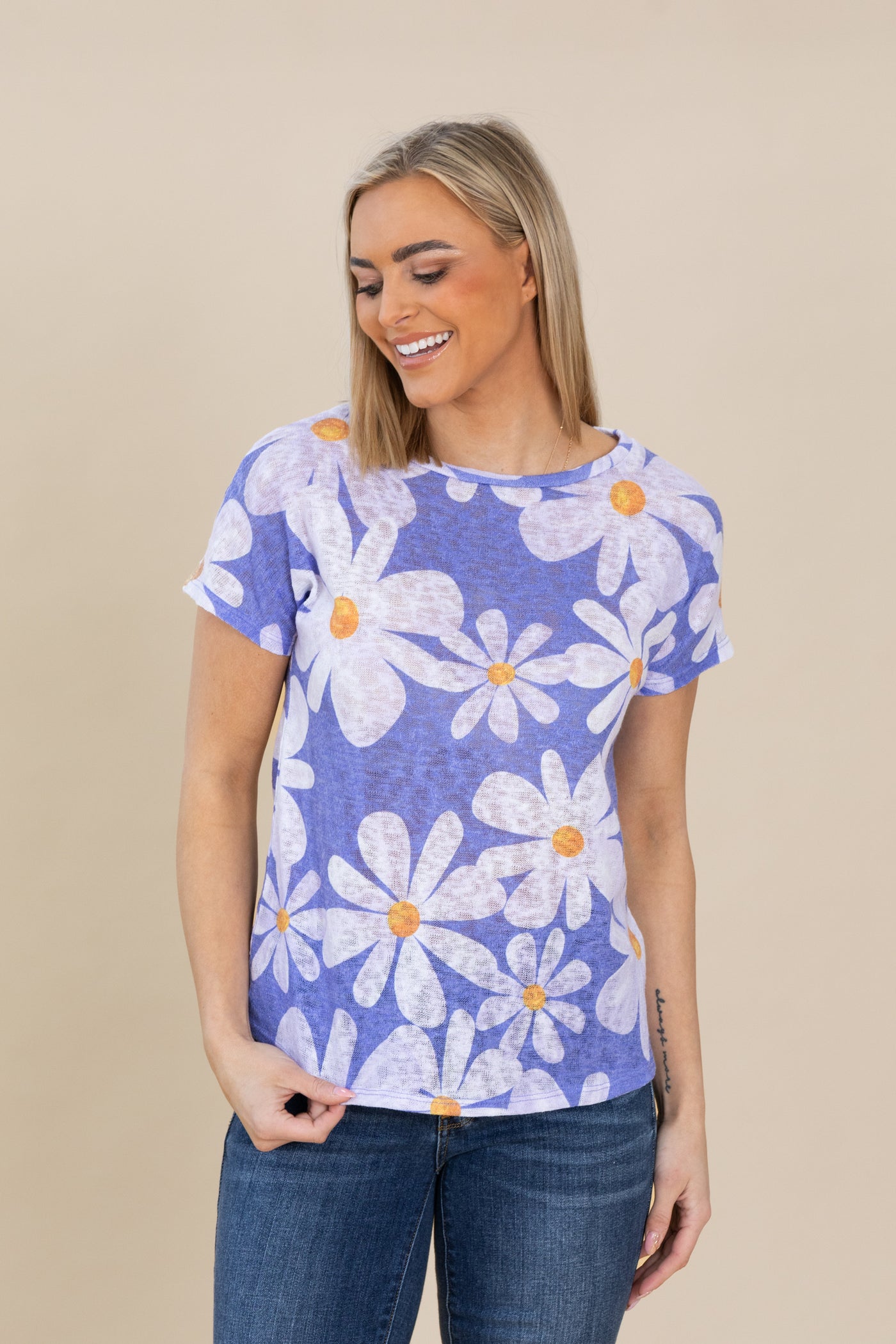 Flower Big Print Short Sleeve Knit Top