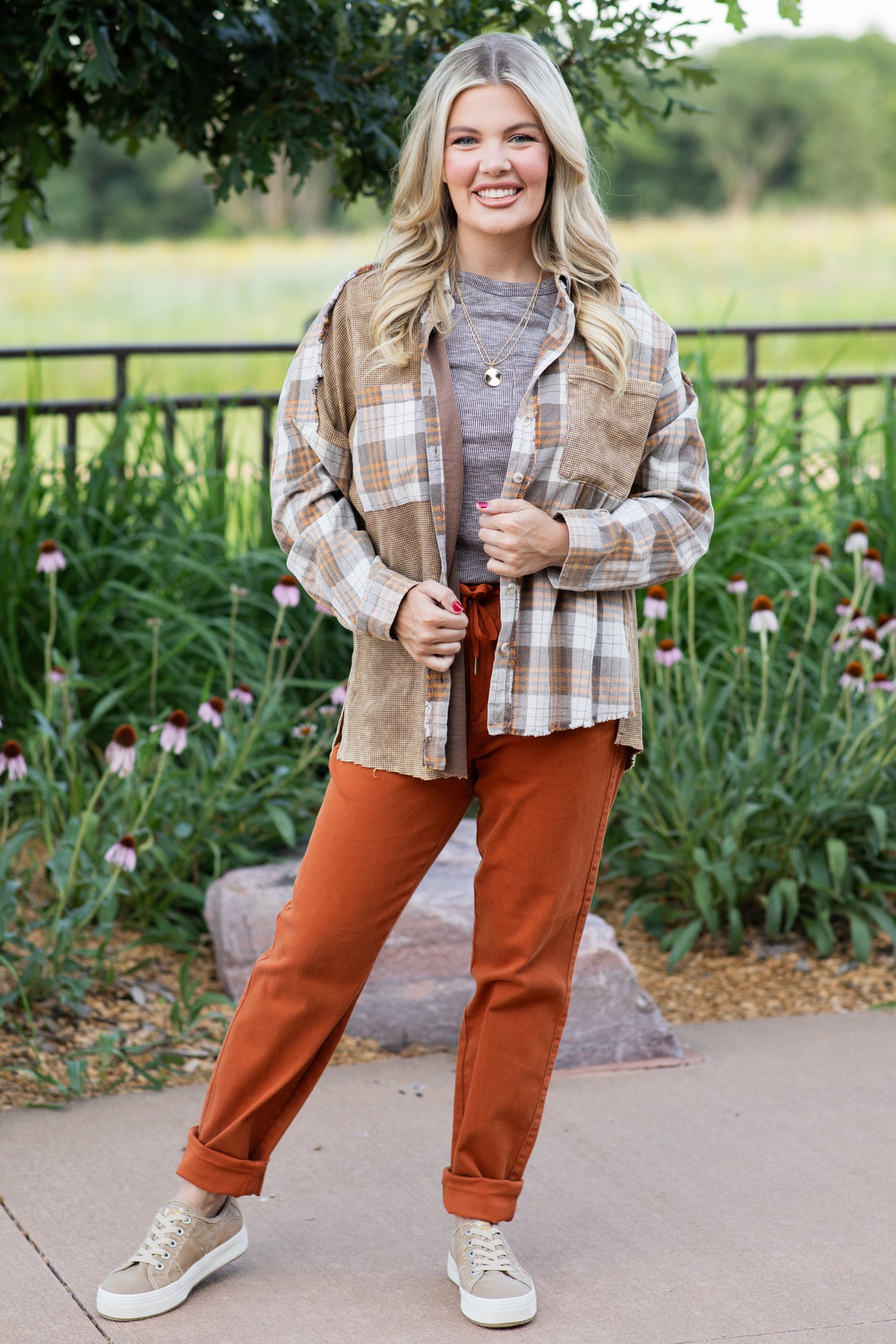 Taupe Thermal Plaid Flannel Top