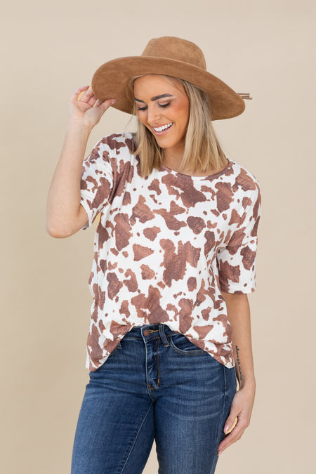 White With Brown Animal Print Soft Knit Top