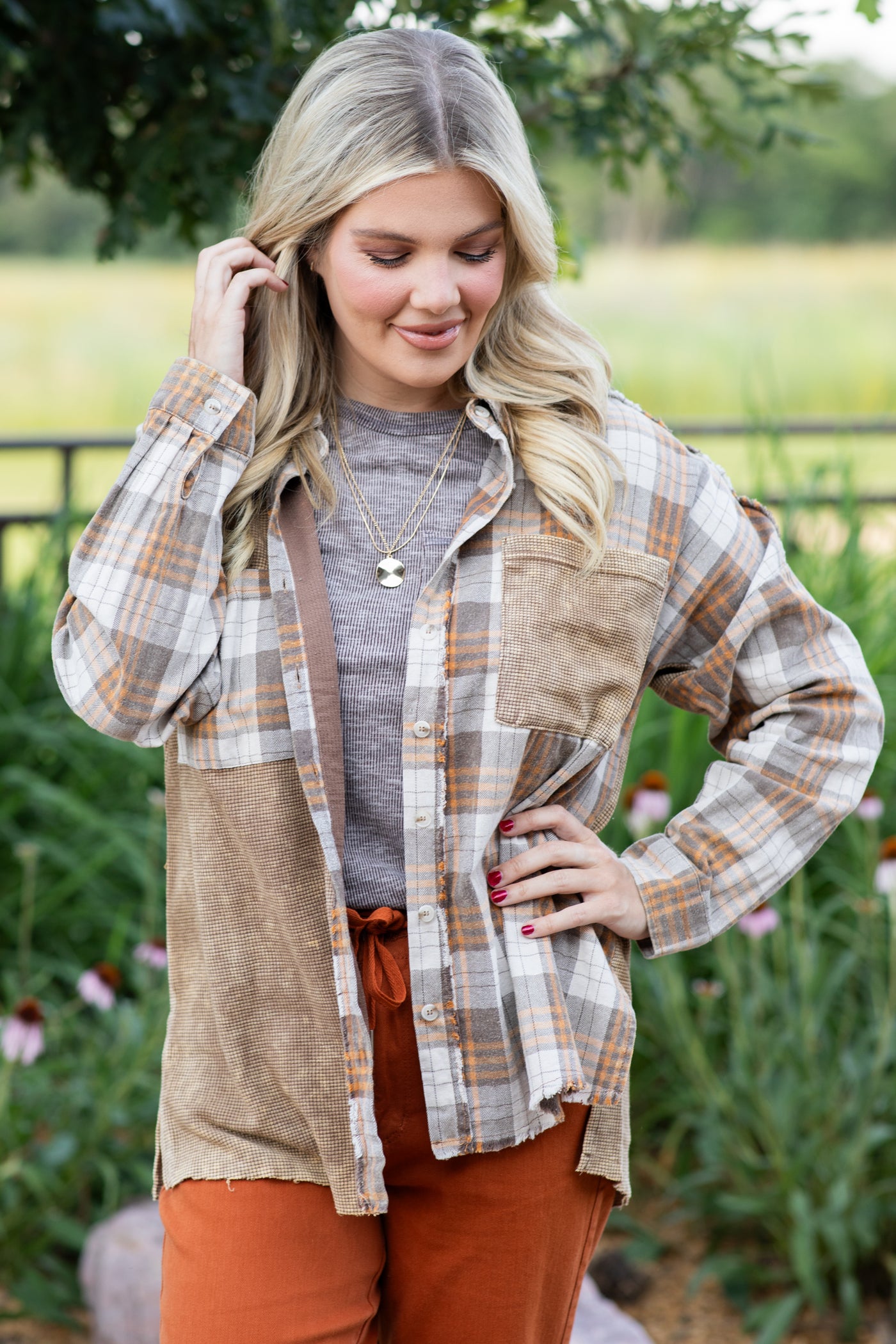 Taupe Thermal Plaid Flannel Top