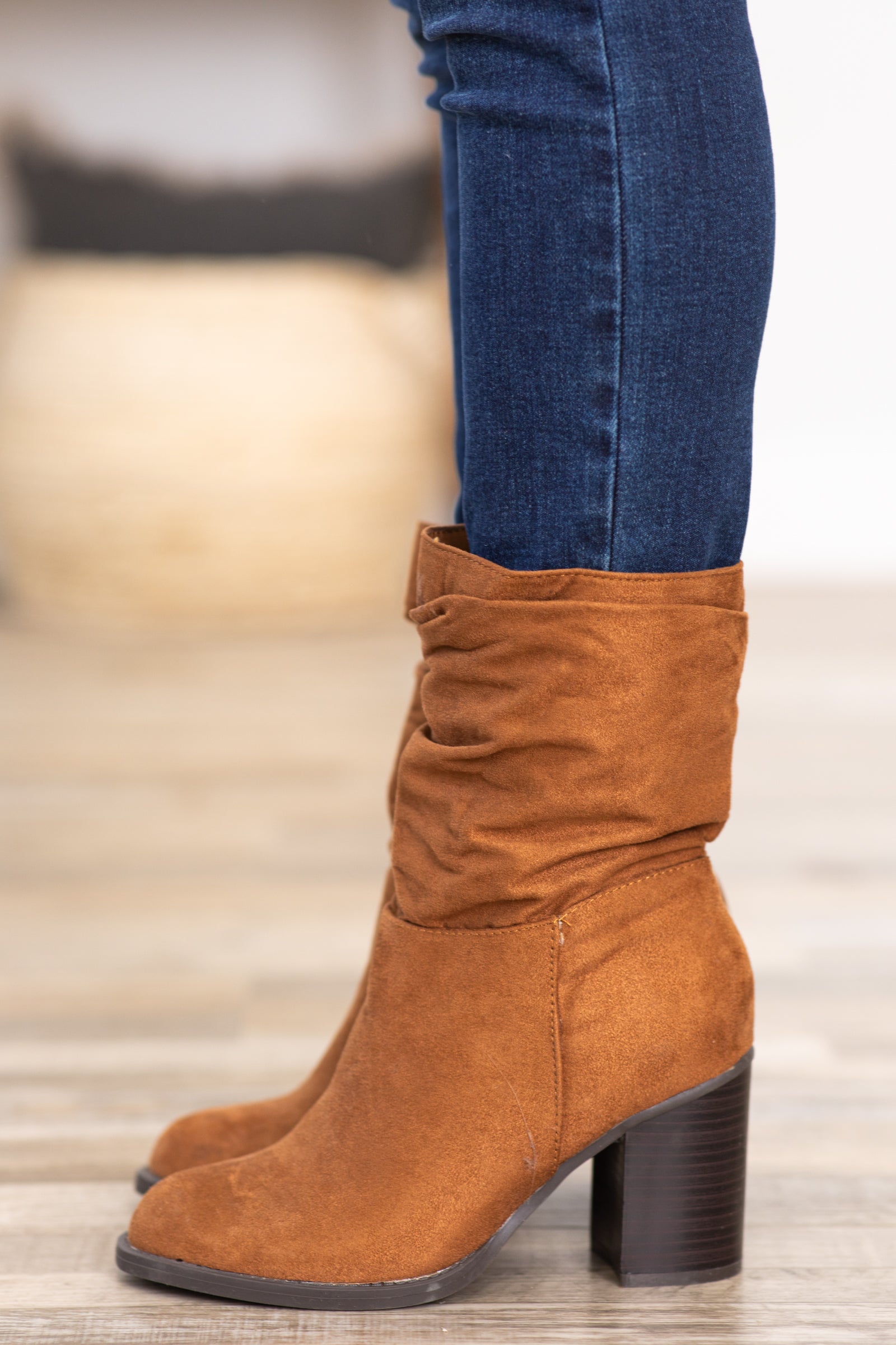 Dark Camel Faux Suede Slouchy Mid Calf Boots · Filly Flair