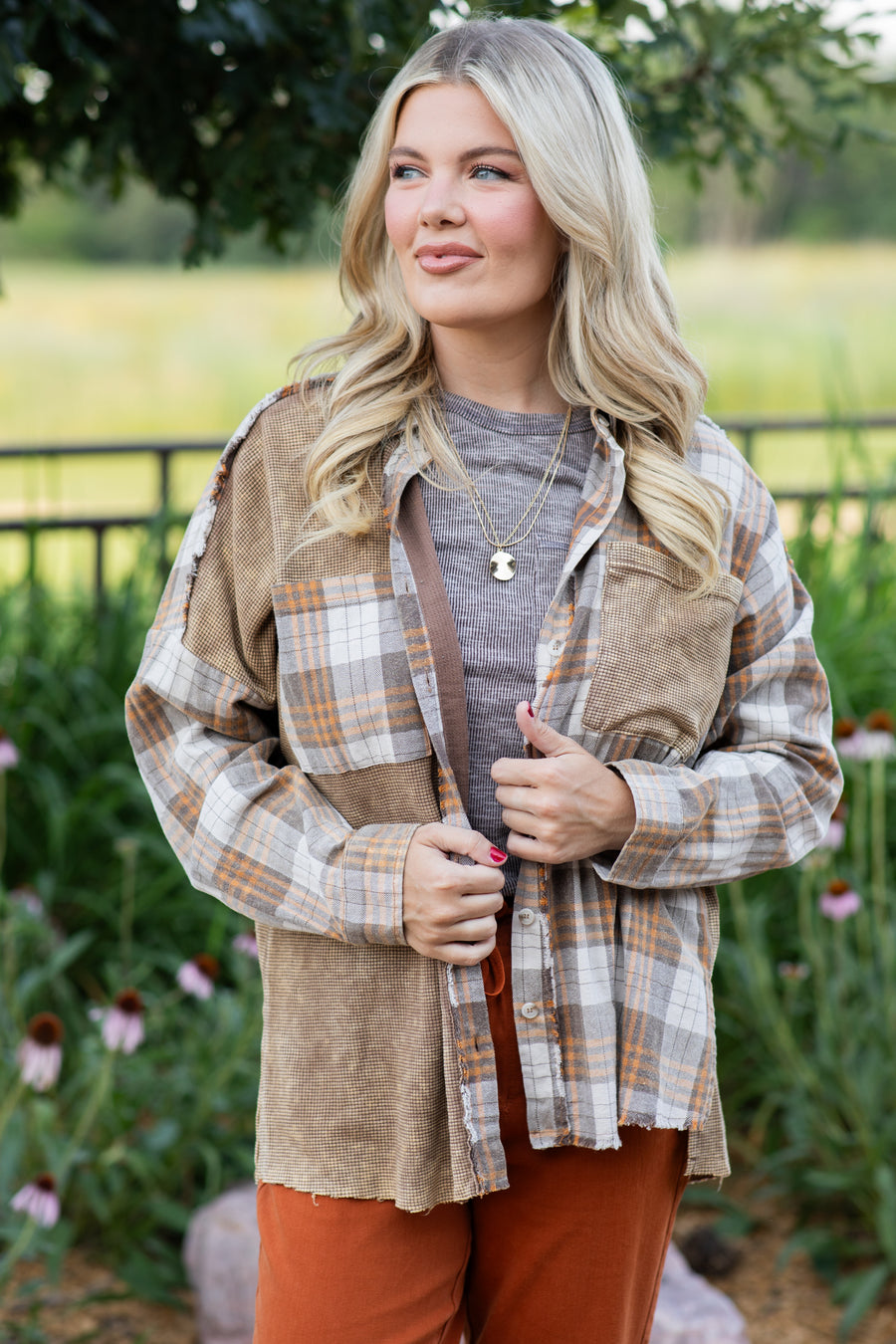 Taupe Thermal Plaid Flannel Top