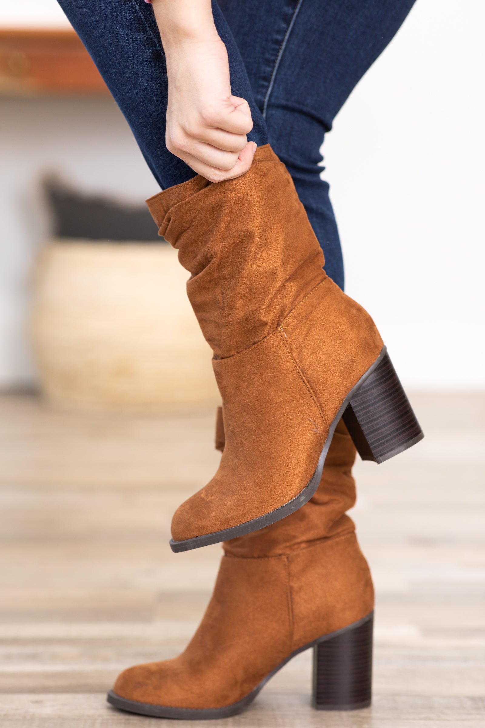 Mid calf brown outlet suede boots