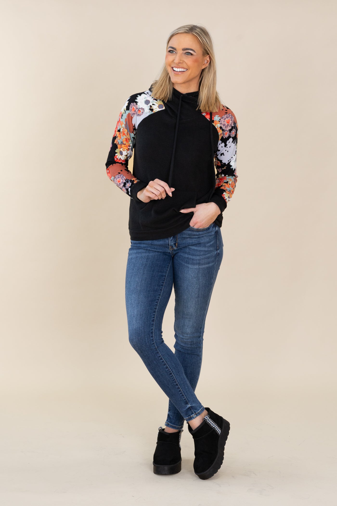 Black Floral Raglan Sleeve Knit Hoodie