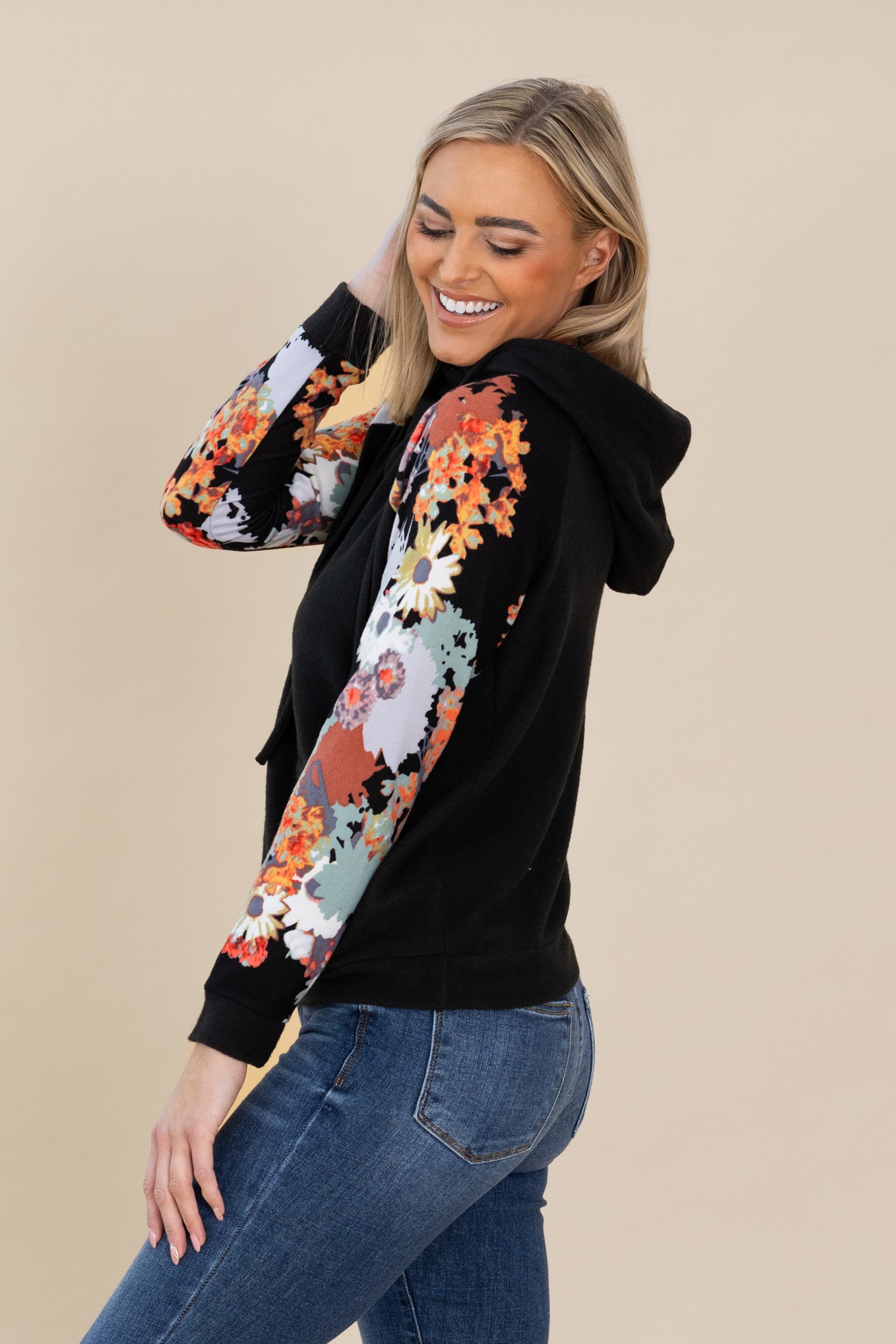 Black Floral Raglan Sleeve Knit Hoodie