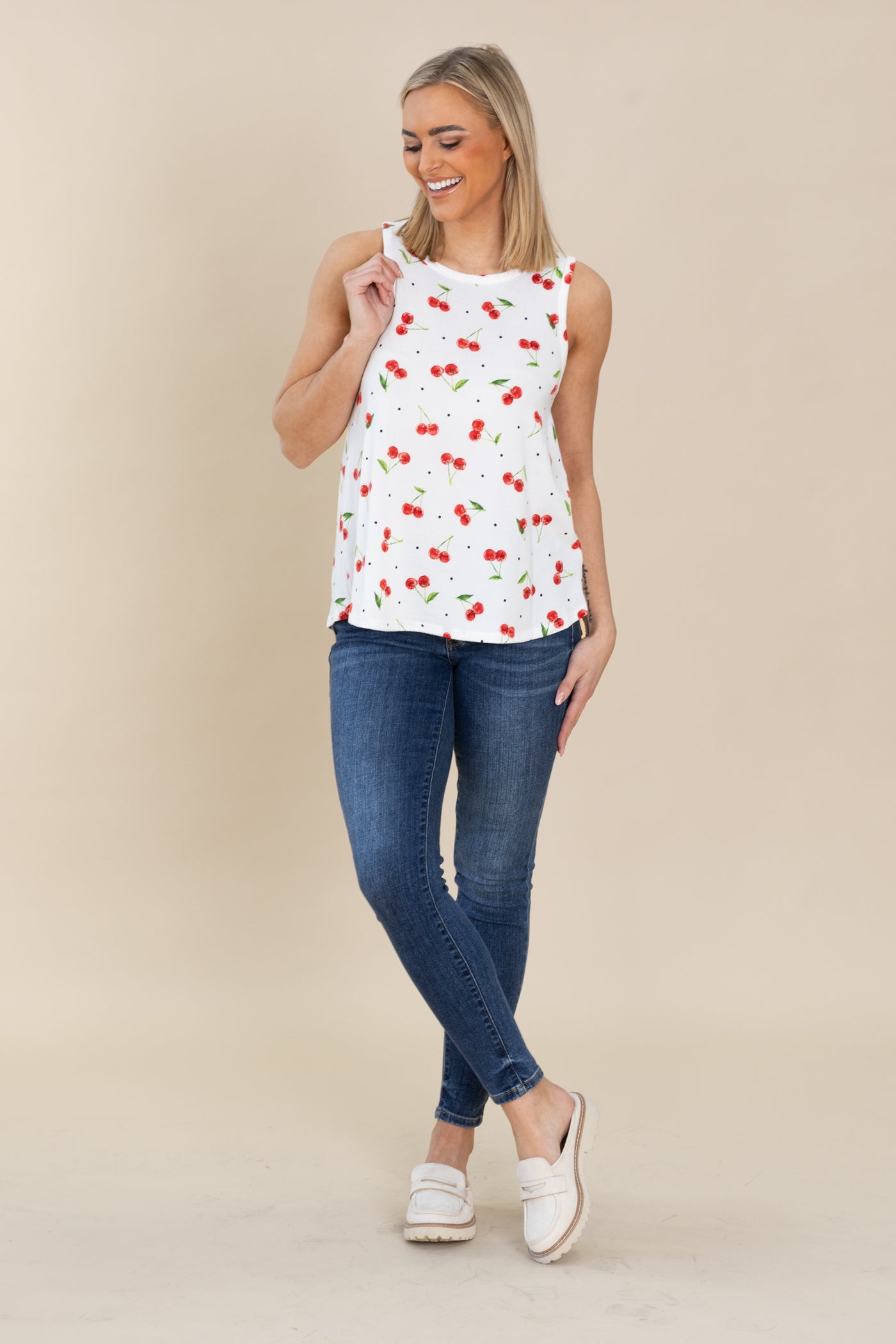 White Cherry Print Tank Top