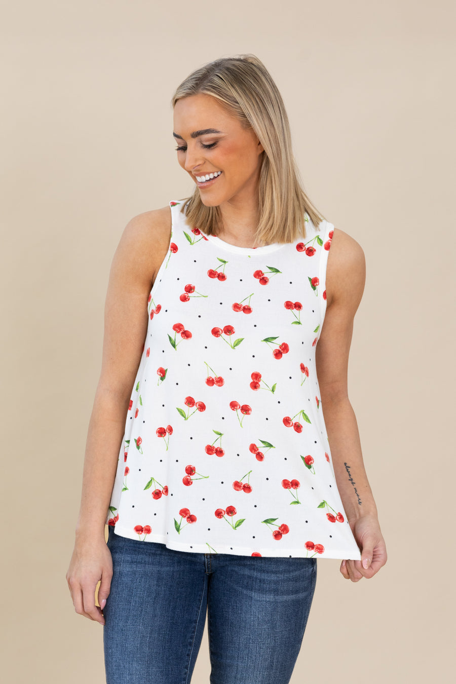 White Cherry Print Tank Top