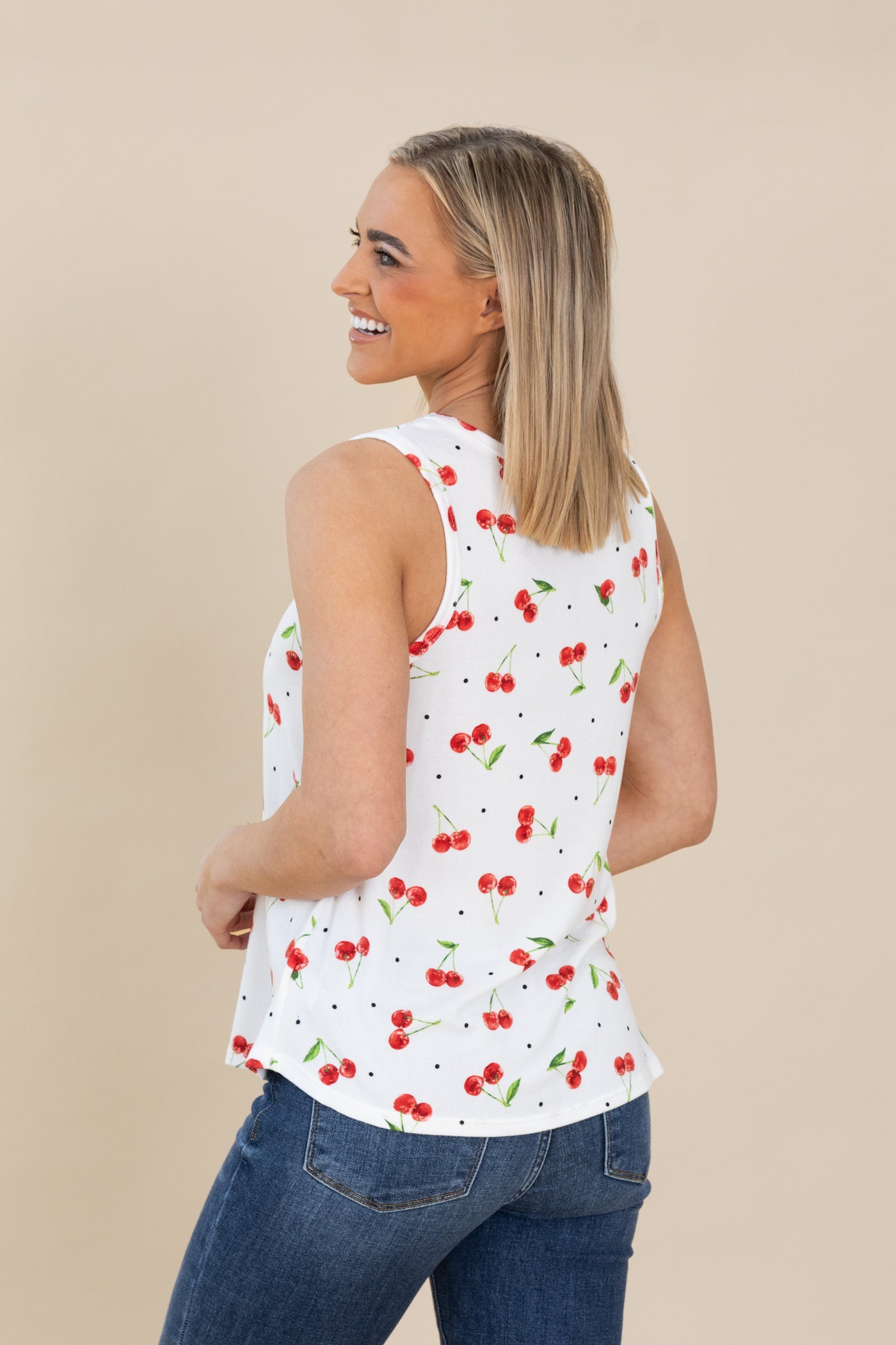 White Cherry Print Tank Top