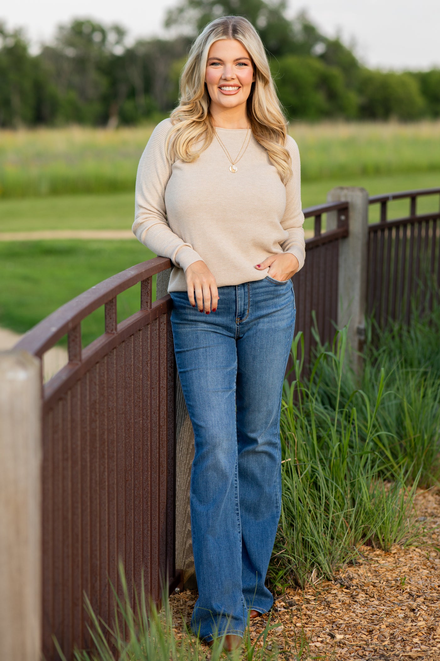 Beige Raglan Sleeve Waffle Knit Top