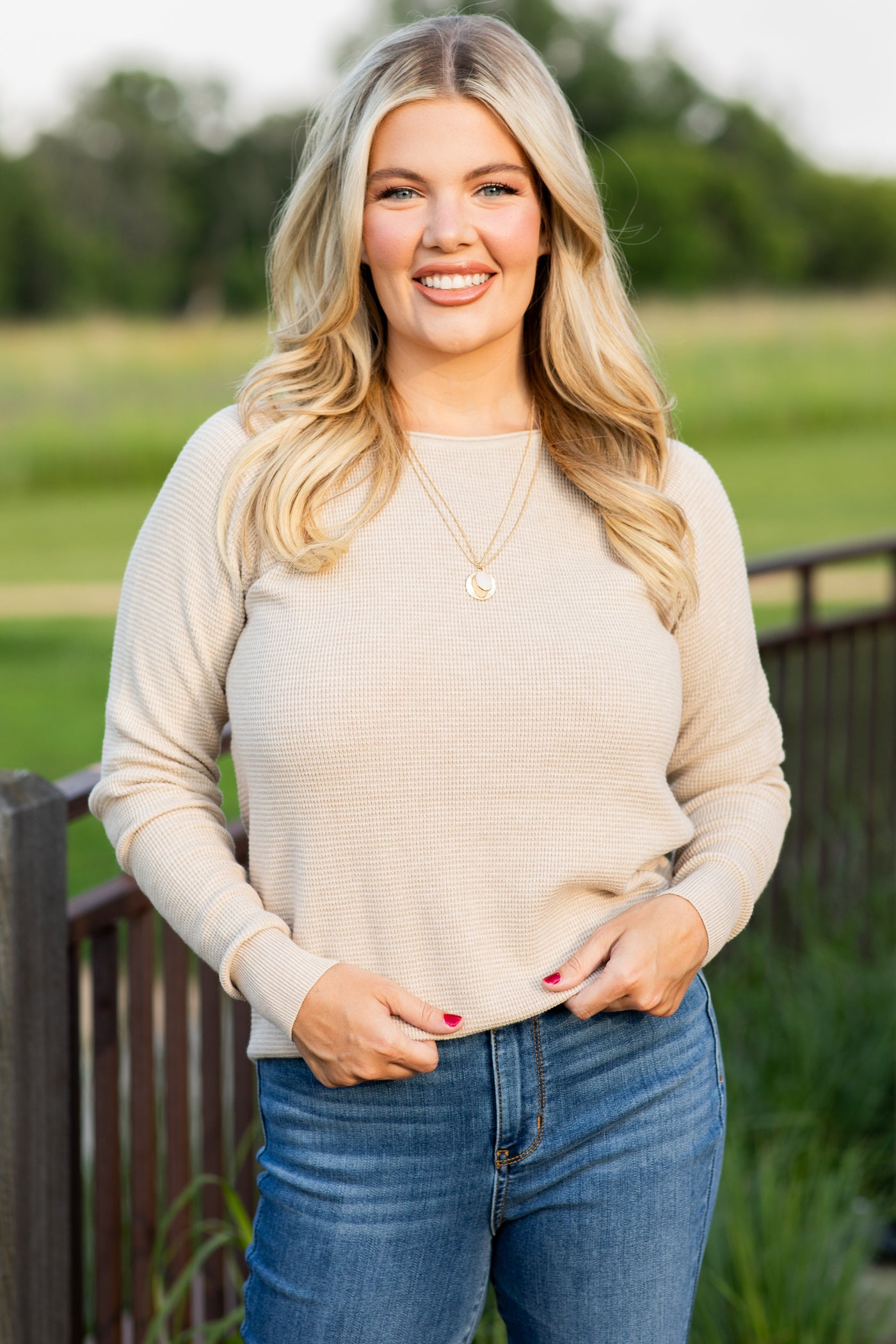 Beige Raglan Sleeve Waffle Knit Top