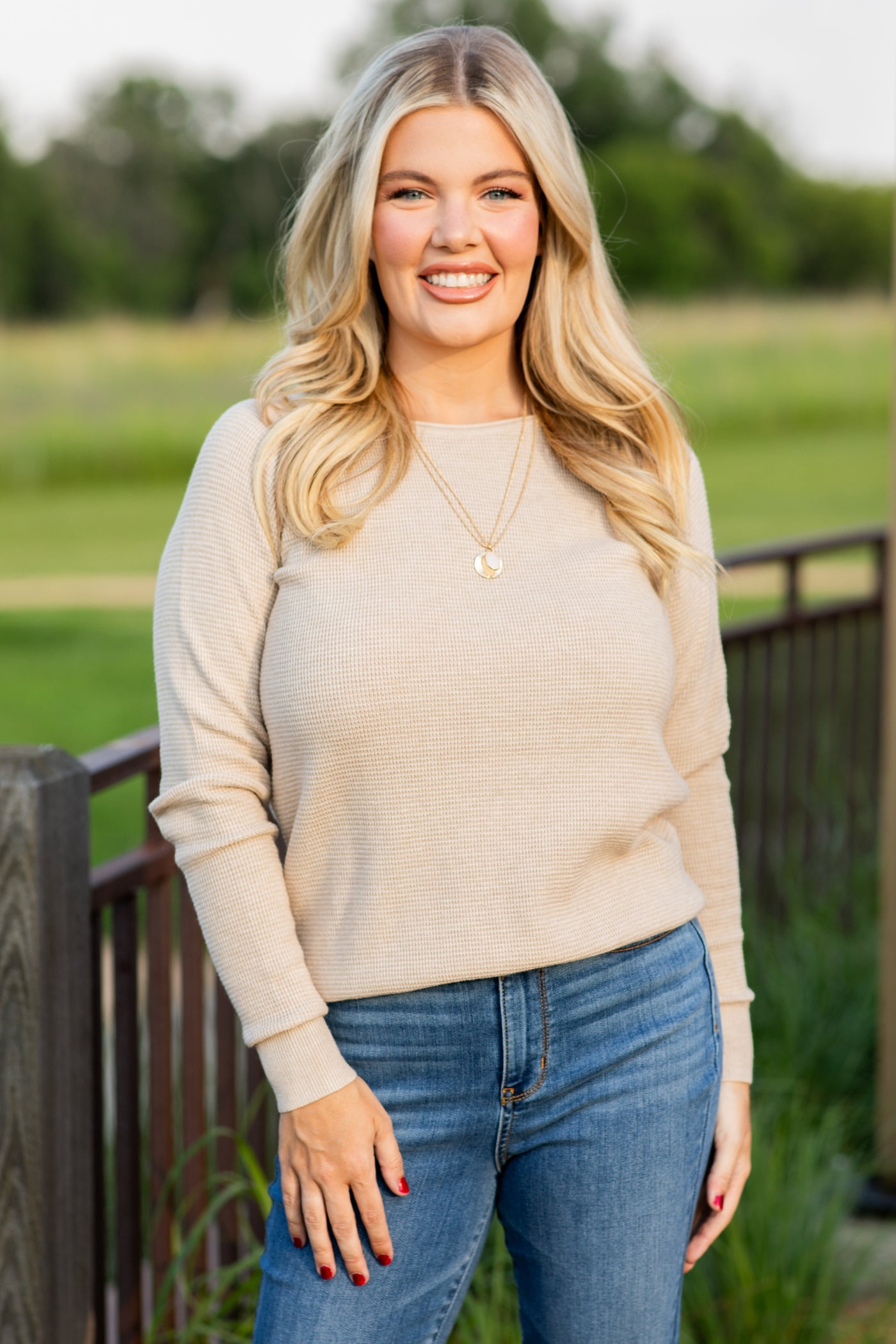 Beige Raglan Sleeve Waffle Knit Top