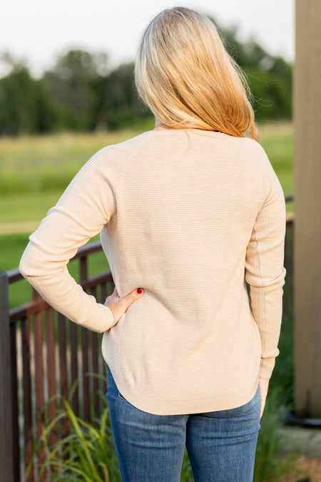 Beige Raglan Sleeve Waffle Knit Top