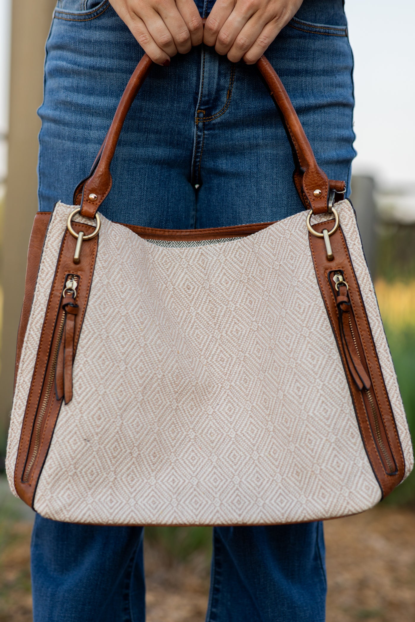 Tan Multicolor Bag With Vegan Leather Trim