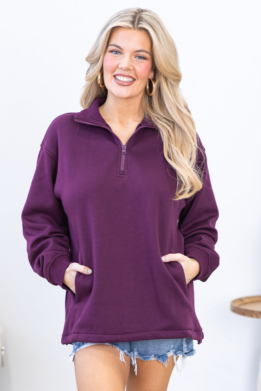 Plum Half-Zip Pullover With Drawstring