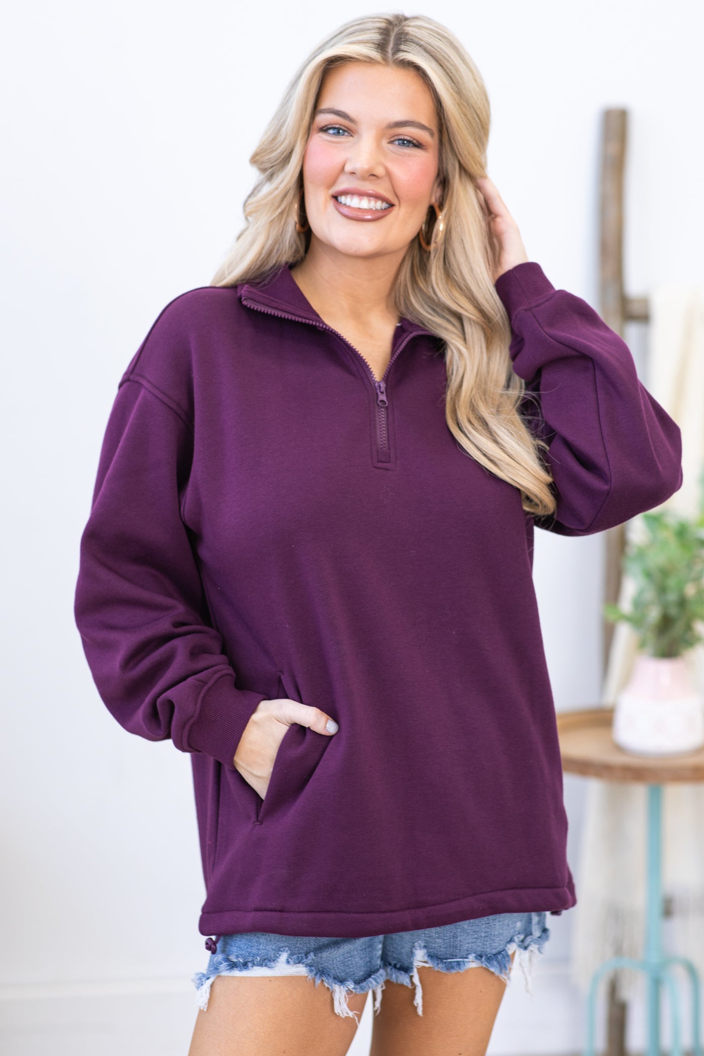 Plum Half-Zip Pullover With Drawstring