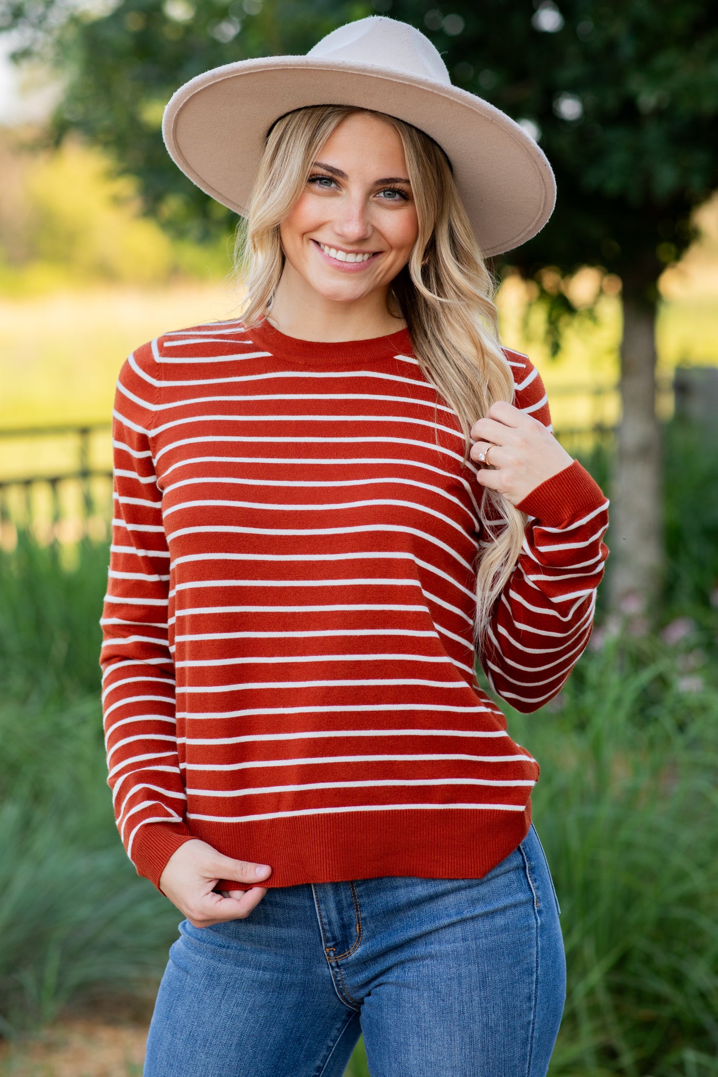 Cognac Striped Long Sleeve Sweater