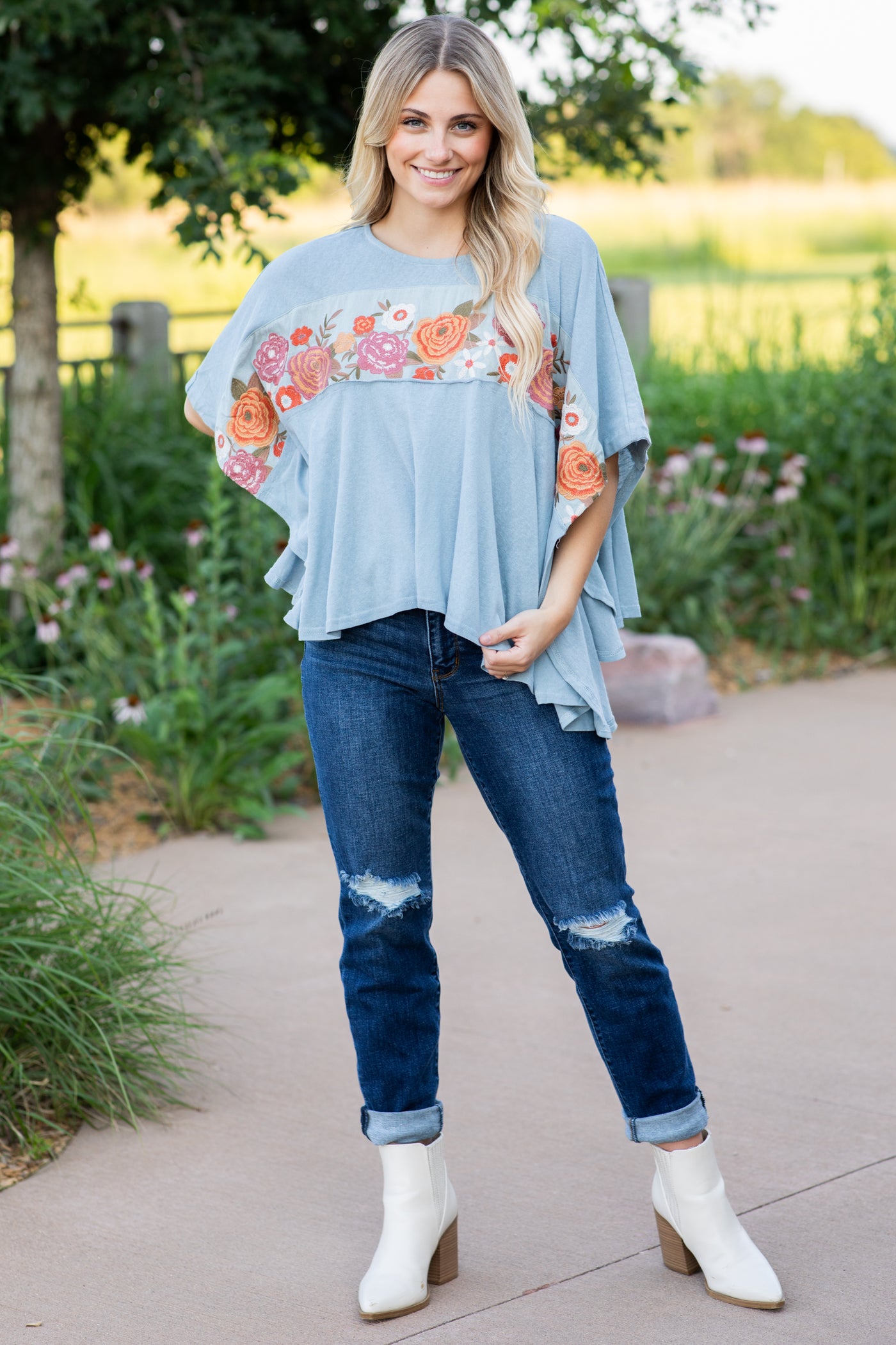 Dusty Blue Floral Embroidery Detail Knit Top